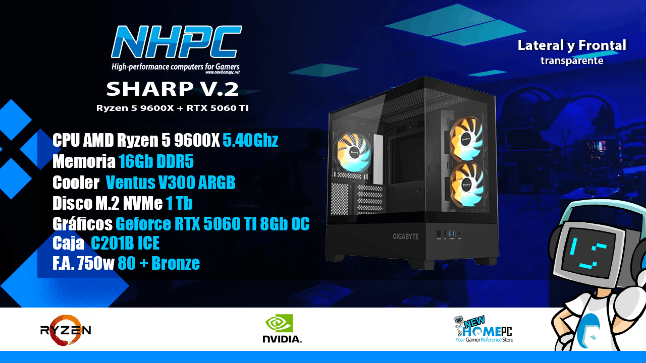 PC gaming NHPC Sharp V.2 - Ryzen 5 9600X - RTX 5060 TI - 16Gb DDR5 - M2 1TB